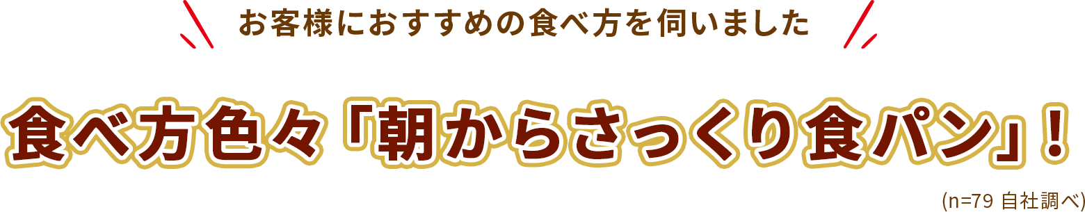 お客様におすすめの食べ方を伺いました 食べ方色々「朝からさっくり食パン」! （n=79 自社調べ）